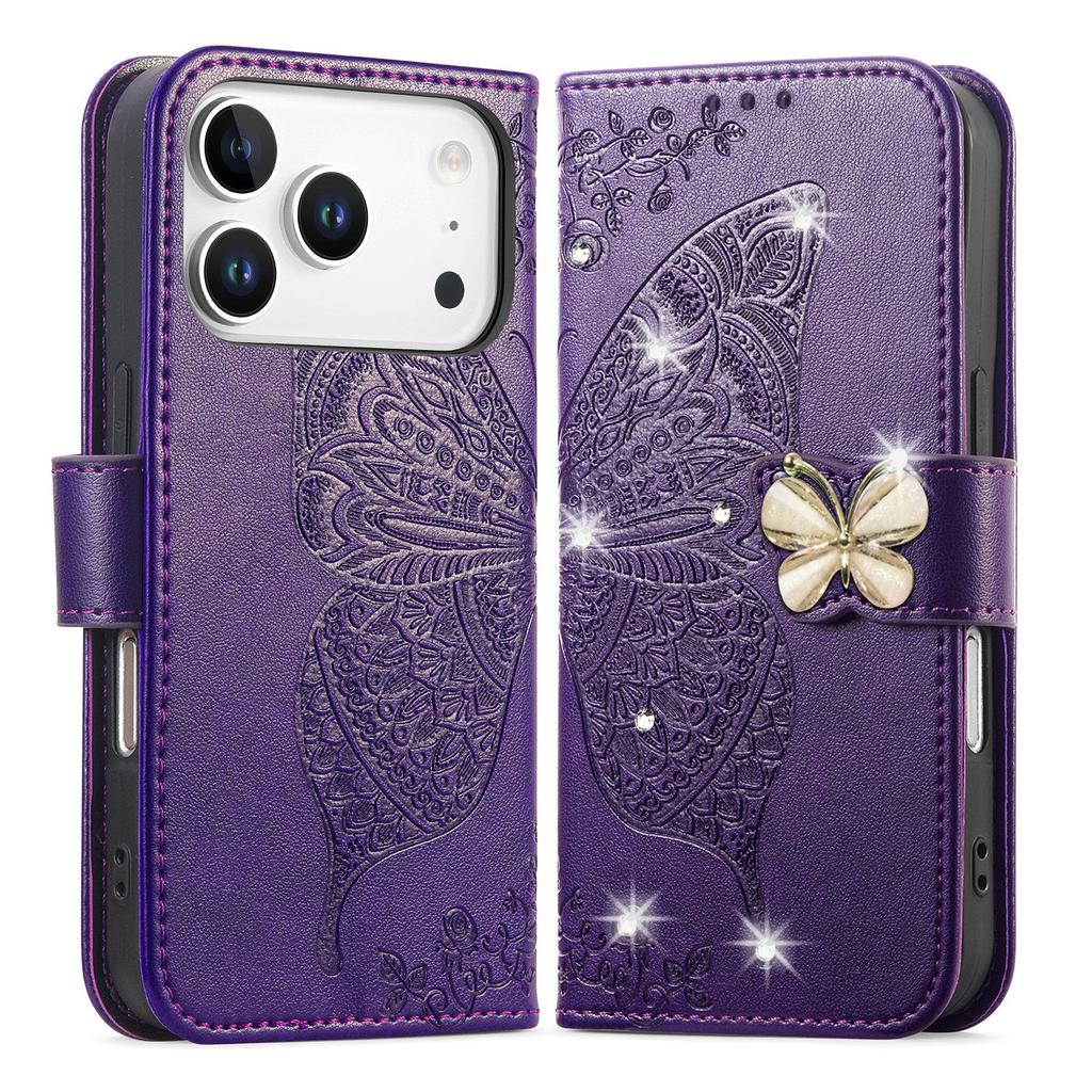 For iPhone 17 Pro Max Case 3D Rhinestone Decor Butterfly Flower Leather Phone Cover with Wrist Strap