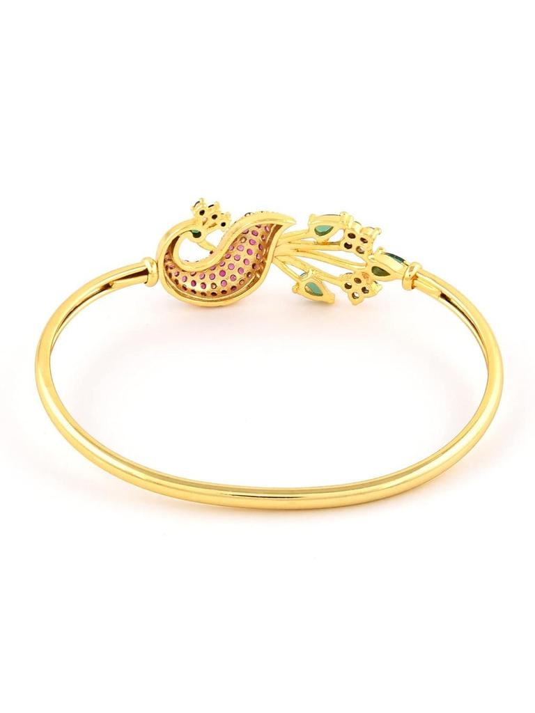 Pink & Green Cubic Zirconia Peacock Inspired Bangle Style Brass Kada For Women