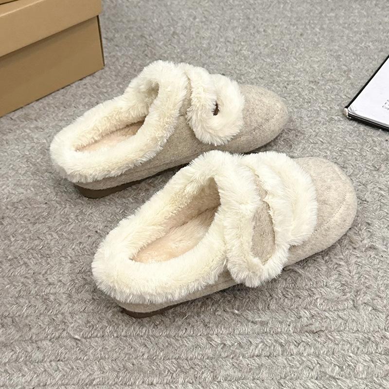 

Women s Retro Fur Half Slippers New Autumn Winter Outdoor Slip-On Mules Shoes Soft Sole Plush Lined Casual Warm Cotton Footwear 35
