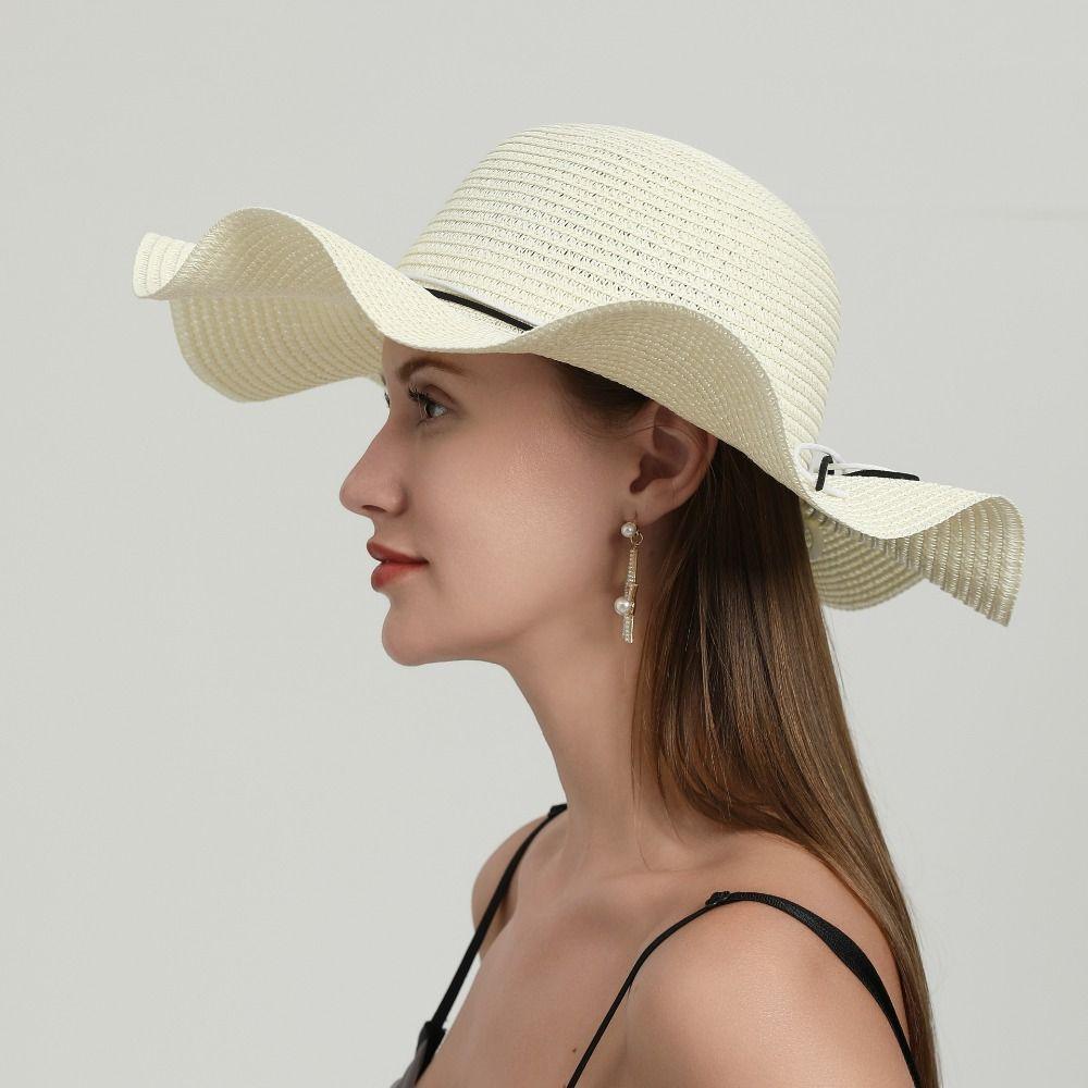 French Style Pearls Strap Straw Hat Wide Brim Women's Sun Hat Fashion Folding Straw Hats Female