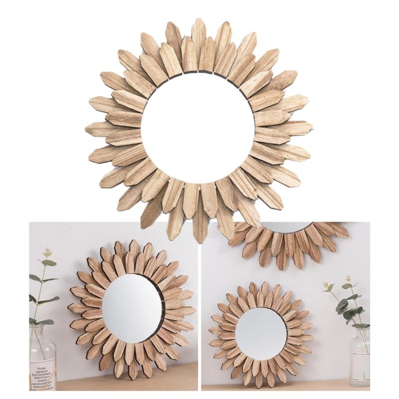 Sun Shape Wooden Round Makeup Mirrored Innovative Art Decors Bathroom Bohemian Wall Hangings Mirrored Living Room Decors