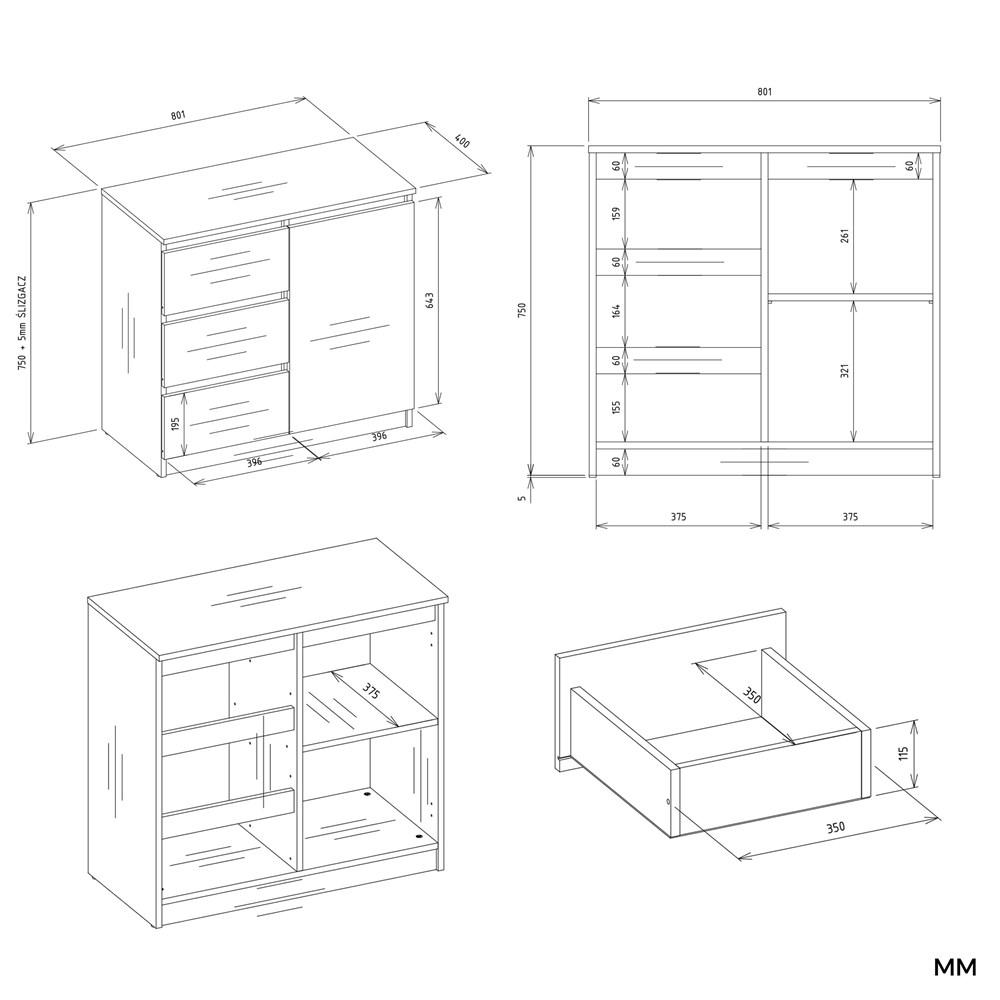 Cómoda 1D3S Armario 1 Puerta 3 Cajones Para Sala de Estar Dormitorio Cachemira Beige