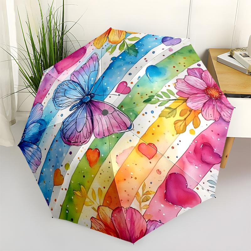 1pc Butterfly Rainbow Flowers Hearts Automatic Open/close Umbrella, 8-Rib sturdy structure, Auto Folding/Opening, Portable Travel Umbrella for Women