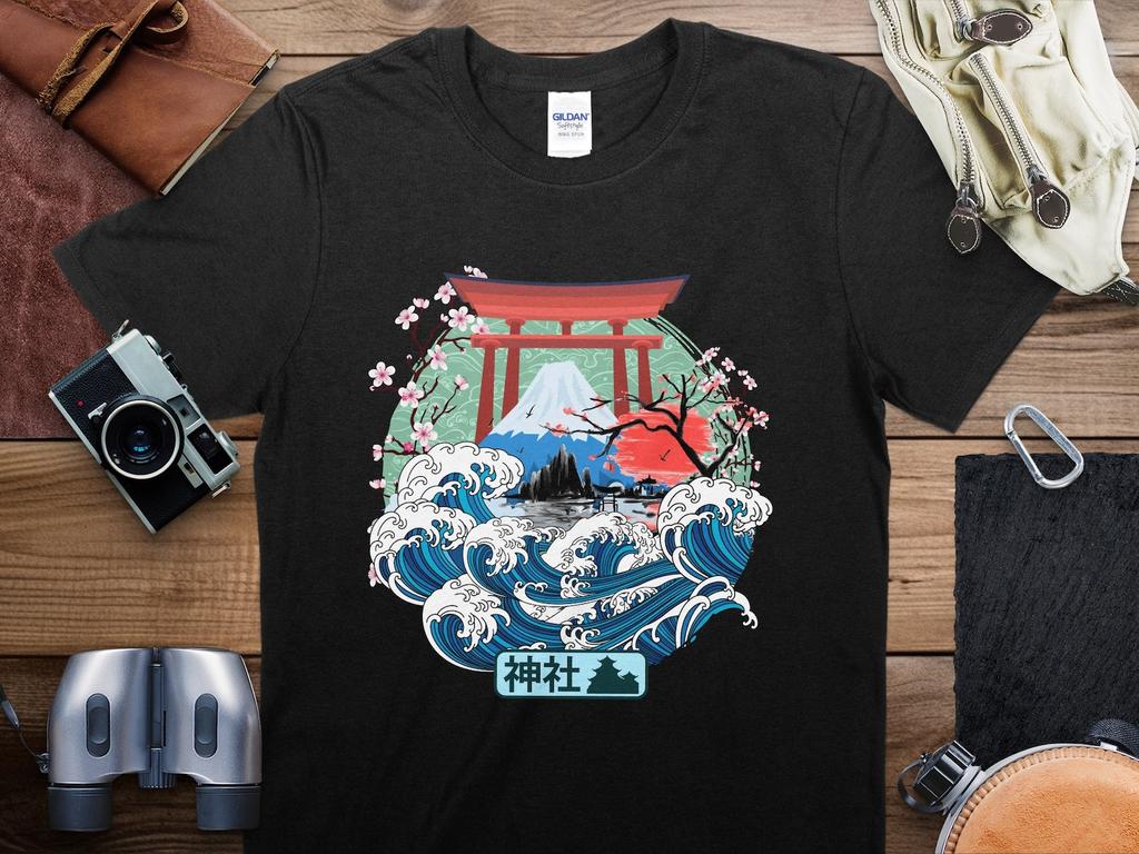 Japanese Wave Mt. Fuji Cherry Blossom Wave Graphic T-Shirt, Unisex Art Tee, Nature Asia Travel Souvenir, Cultural Heritage Shirt