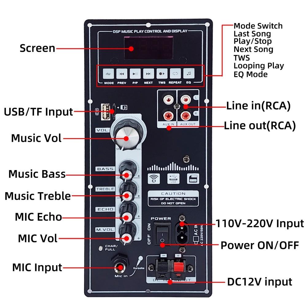12V 80W Amplifier Board Square Dance Speaker Amplifier Support Bluetooth AUX TF-Card U-Disk Recording 6-12Inch Speaker