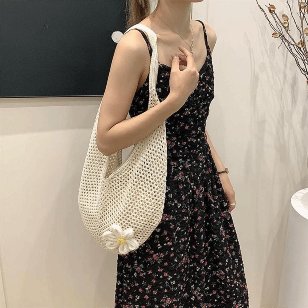 Casual Handmade Crochet Underarm Bag Knitting Large Capacity Shoulder Bag Hollow Out Mesh Tote Ladies Women Girls Gift