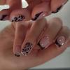 24Pcs Black Leopard-print Pattern Square Fake Nails Short Ballet French Glossy Design Hot Girl Manicure Detachable Acrylic Nails
