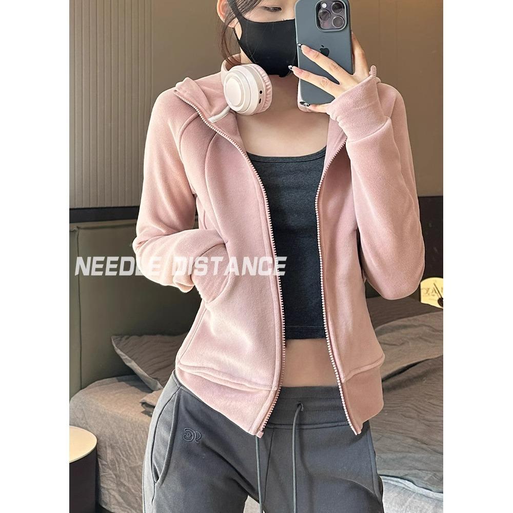 Double-sided velvet thickened hooded sweater women's spring slim-fit babes long-sleeved jacket top trendy