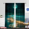 2PC Cosmic Beach Curtains - Teal Starry Night & Planet Print Window Drapes for Bedroom Living Room Decor