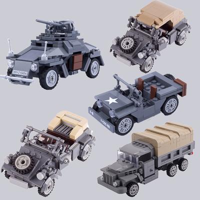 WWII Militärfahrzeug Bausteine Amerikanische Deutsche Soldaten Panzerfahrzeug LKW Charakter Zubehör Mini Ziegelstein Spielzeug TQ010