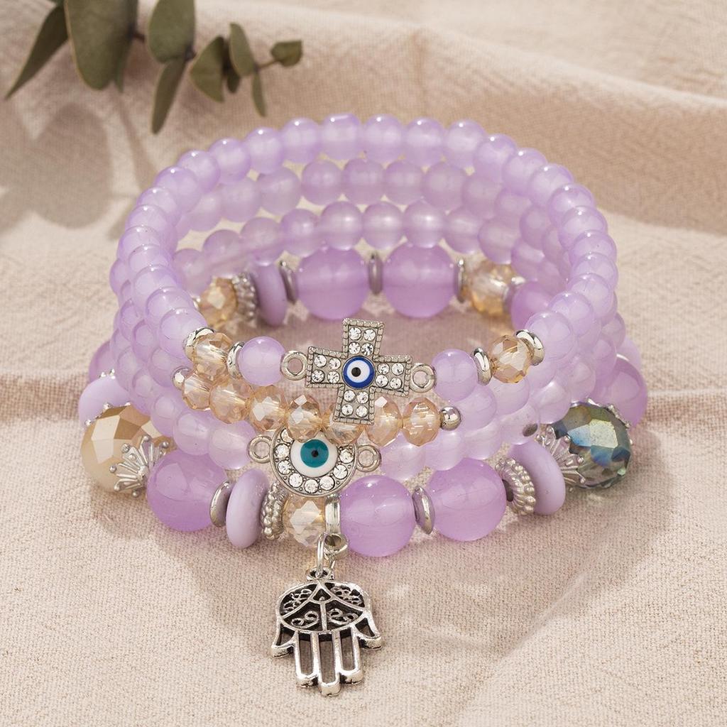 Bohemian Multi-layer Beaded Bracelet with Cross, Evil Eye, Palm Pendants, and Crystals.