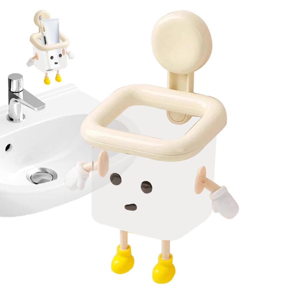 Cute Robot Suction Cup Storage Organizer Wall Mounted Rack with Bottom Water Outlet for Toothbrush Cosmetic Display