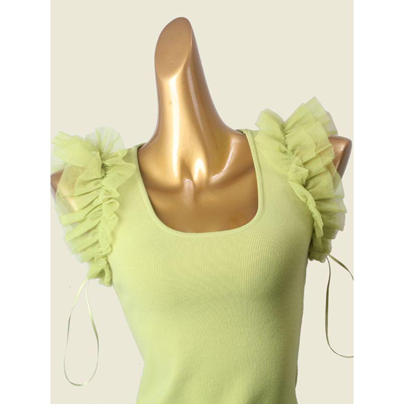 French Sweet Stylish Square Collar Short Sleeve Knitwear Organza Patchwork Sexy Fashion Texture Vest Tops