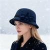 Yousheng Women Winter Woolen Hat Solid Color Mesh Bowknot Decor Basin Hat Autumn Winter Outdoor Activities Travel Hat