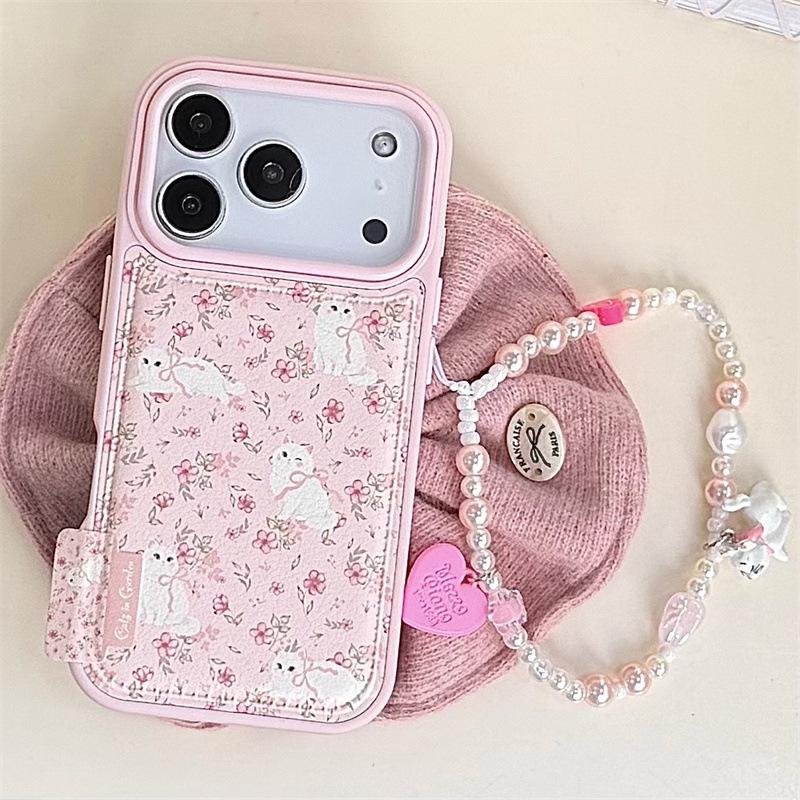 Pink Flower Cat Stand Case for iPhone 17/16 Pro Max/15/14