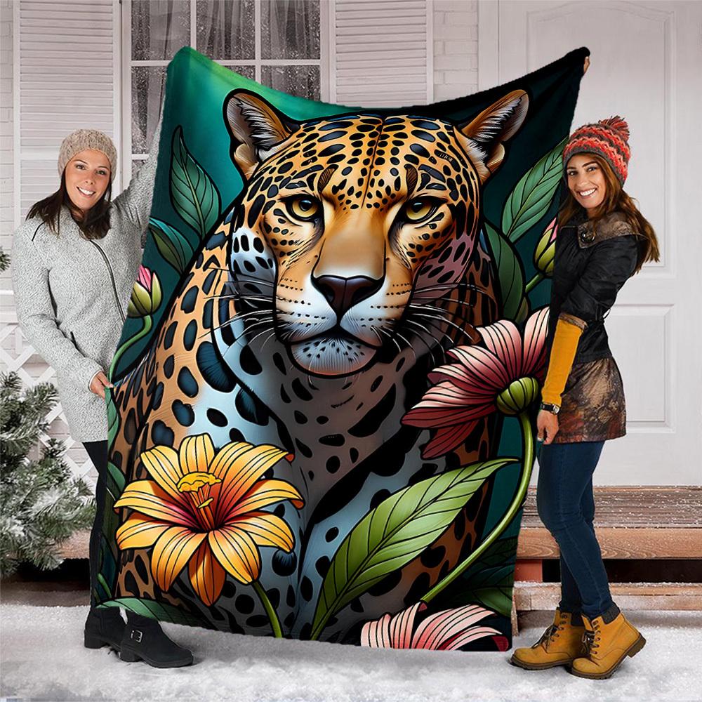 1pc Leopard Floral Print Throw Blanket Polyester Fiber, Lightweight Flannel, Soft & Warm, All Season Use for Outdoor, Camping Digital Print