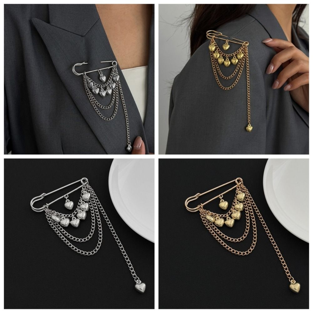Iron Heart Brooch Pin Heart Shape Pendant Multi-Function Pin Fashion Chain Tassel Badge Daily
