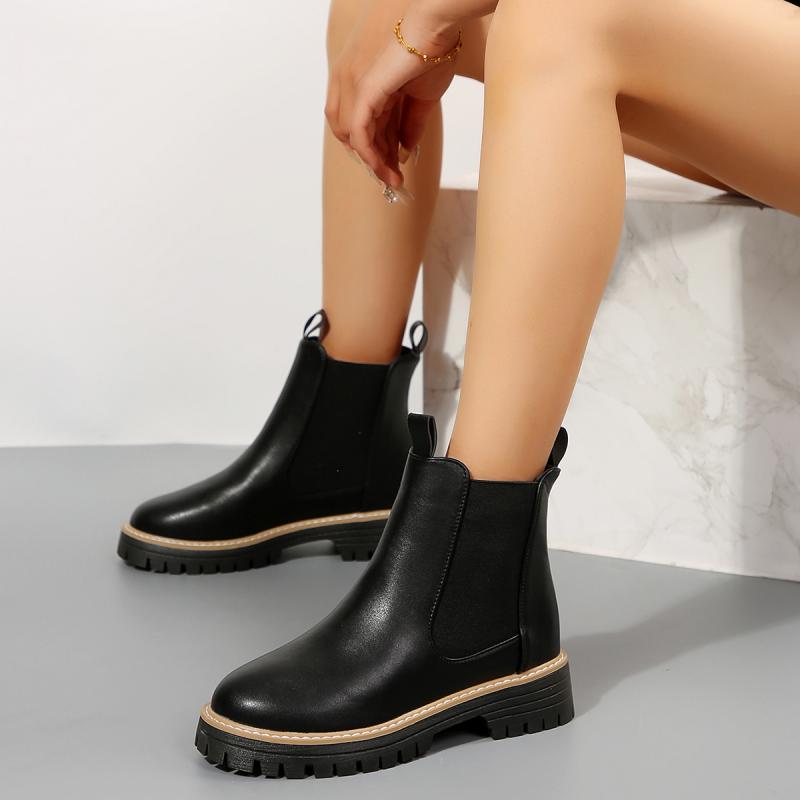 Fashion Comfort Thick Bottom Chelsea Boots Women 2025 Autumn Slip On Chunky Platform Black Pu Ankle Boots Woman's Casual Shoes Plus Size