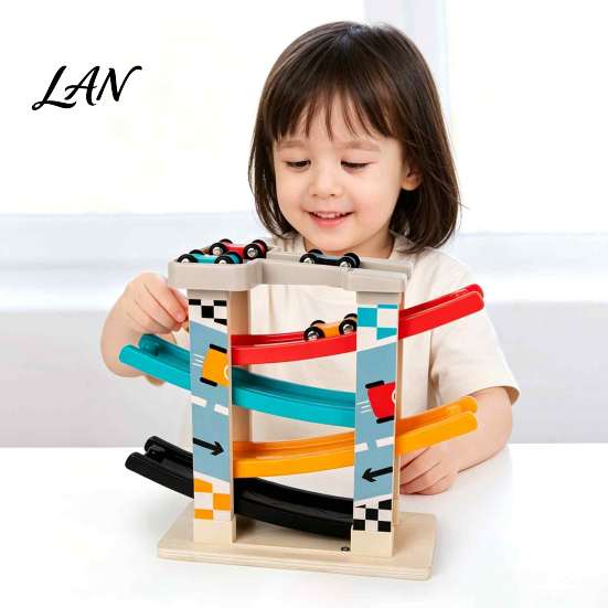 STEM Activity for Kids Wooden Ramp Racer Car Toy, 4 Numbered Mini Cars And Parking Lot Sturdy Design, Development Hand-eye Coordination Glider