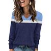 Women's Fashionable Oversized V-Neck T-Shirt With Striped Patchwork Print Long-Sleeved Pullover Top