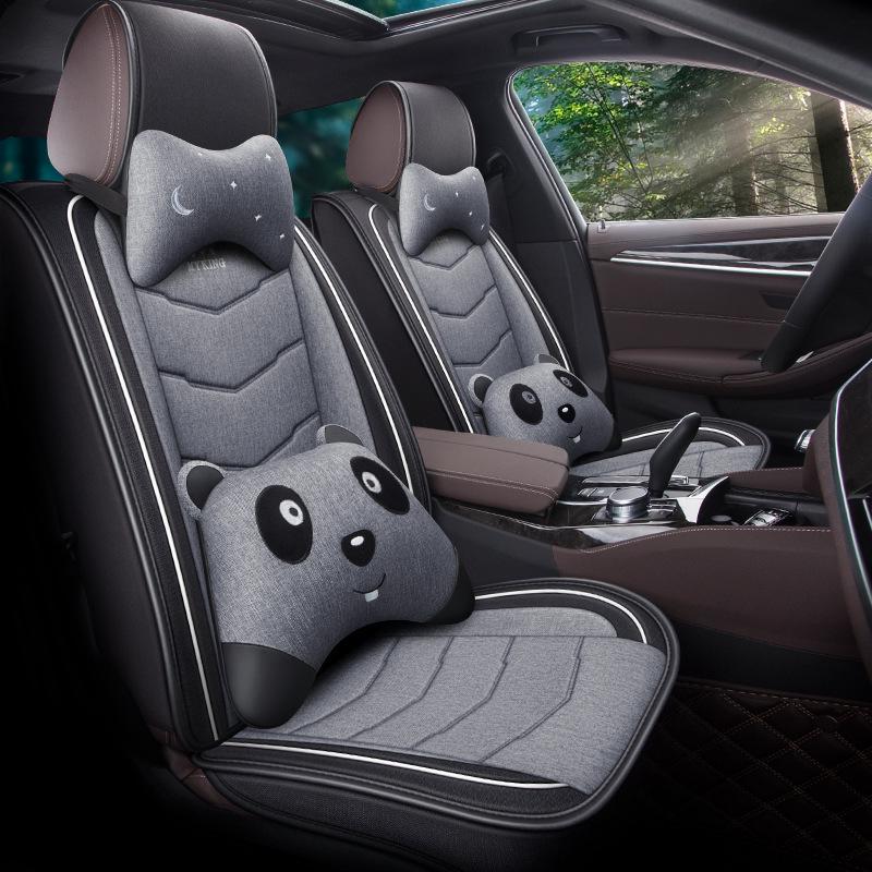 Full Coverage Linen Cartoon Panda Car Seat Cushion - Universal Fit, 2020