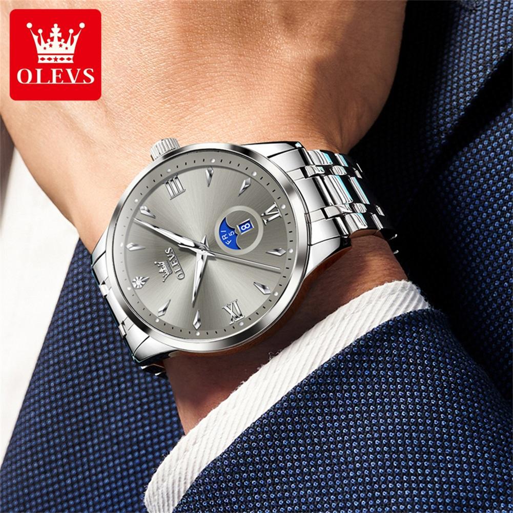 OLEVS 3646 Men's Watches Silver Solid Steel Strap Week Calendar Display Minimalist Luxury Original Quartz Wrist Watches for Man