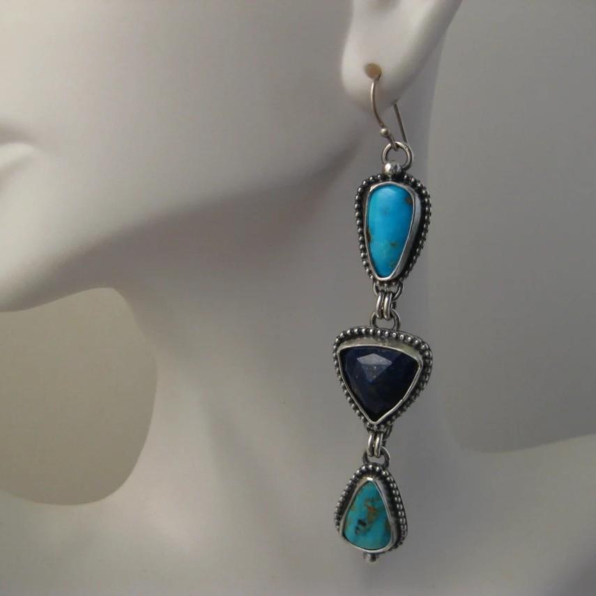 He Cheng Retro Geometric Triangle Gemstone Earrings