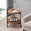 Multifunctional Double-Layer Coffee Table with Wheels, Hardwood Side Table and Rolling Storage, Ideal - Brown, Retro Style