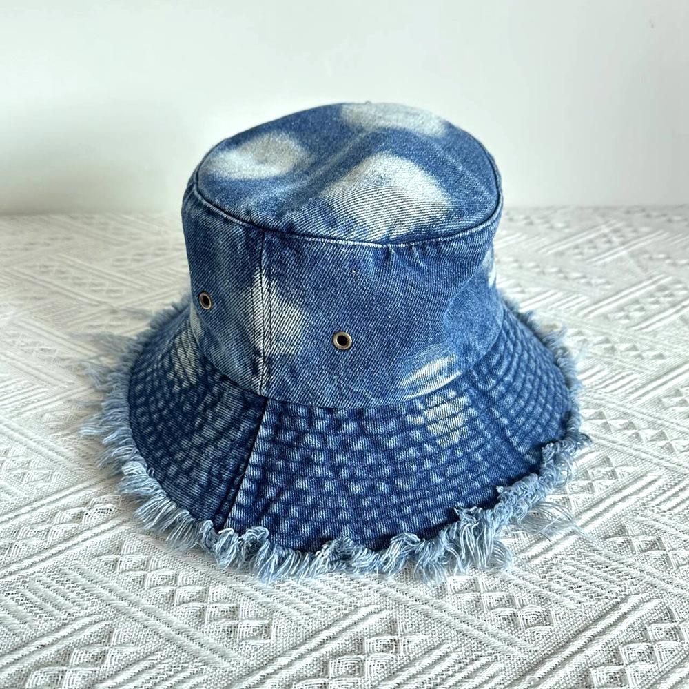 Fischerhut aus gewaschenem Denim, Vier-Jahreszeiten-Hut mit rauem Rand, Einfarbiger Damen-Sonnenhut