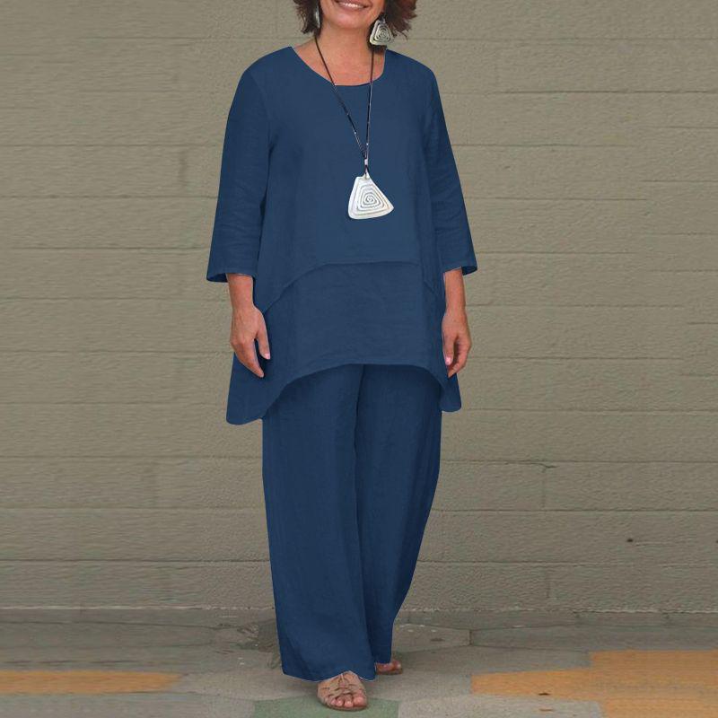 2023 EU & US Women's Cotton Linen Plus Size Casual Irregular Long Sleeve Top & Wide Leg Pants Set