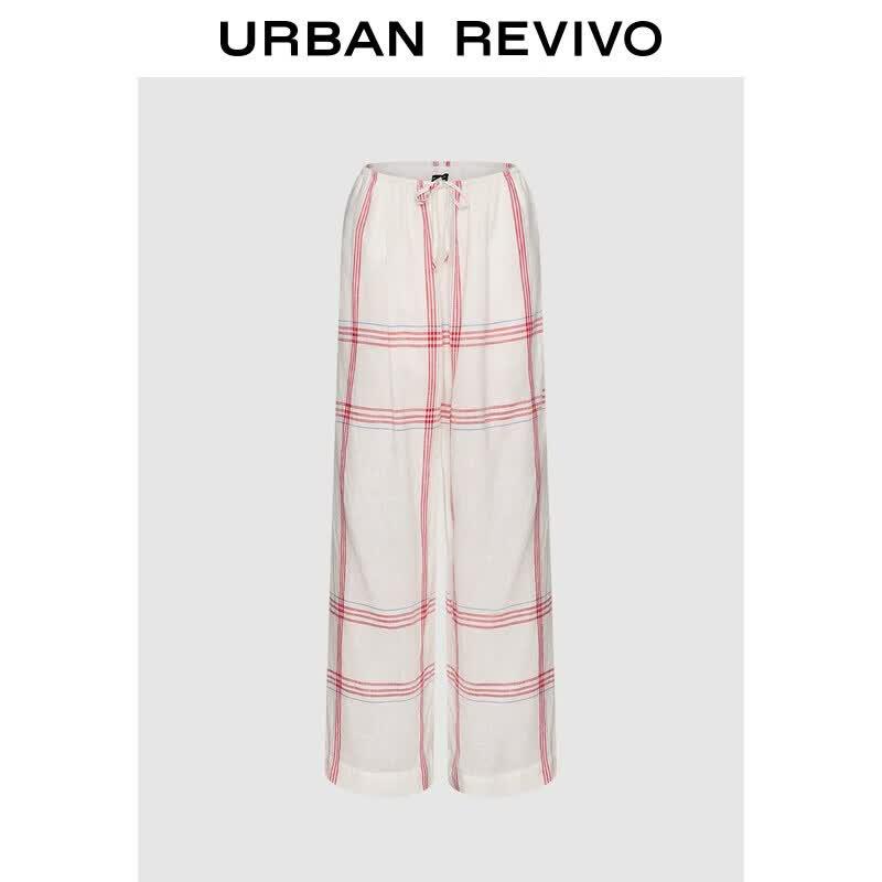 UR 2026 Autumn Women s Color-Block Plaid Tie-Waist Wide-Leg Pants M
