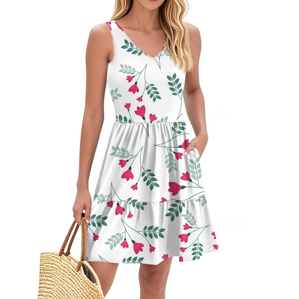 Women's Summer Fashion Casual V-neck Pleated Stitching Small Floral Print Sleeveless Vest Dress With Pockets
