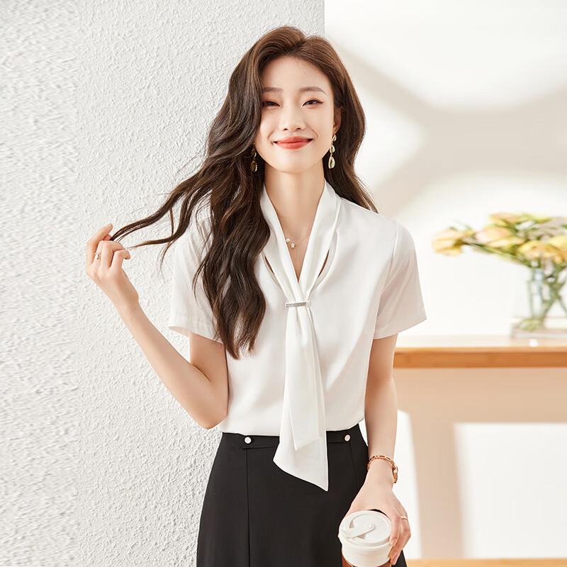 Women's Tie-Neck Chiffon Short Sleeve Blouse