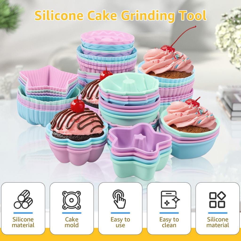 24/60 Pcs Silicone Cake Cup Assorted Shapes Baking Cups High Temperature Resistant Bagel Baking Cups for Muffin Jello Cake Tools