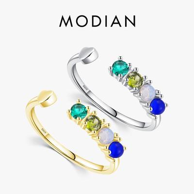 MODIAN 925 Sterling Silver Heat Rainbow Colorful Crystal Finger Rings For Women Adjustable Rings Wedding Engagement Jewelry