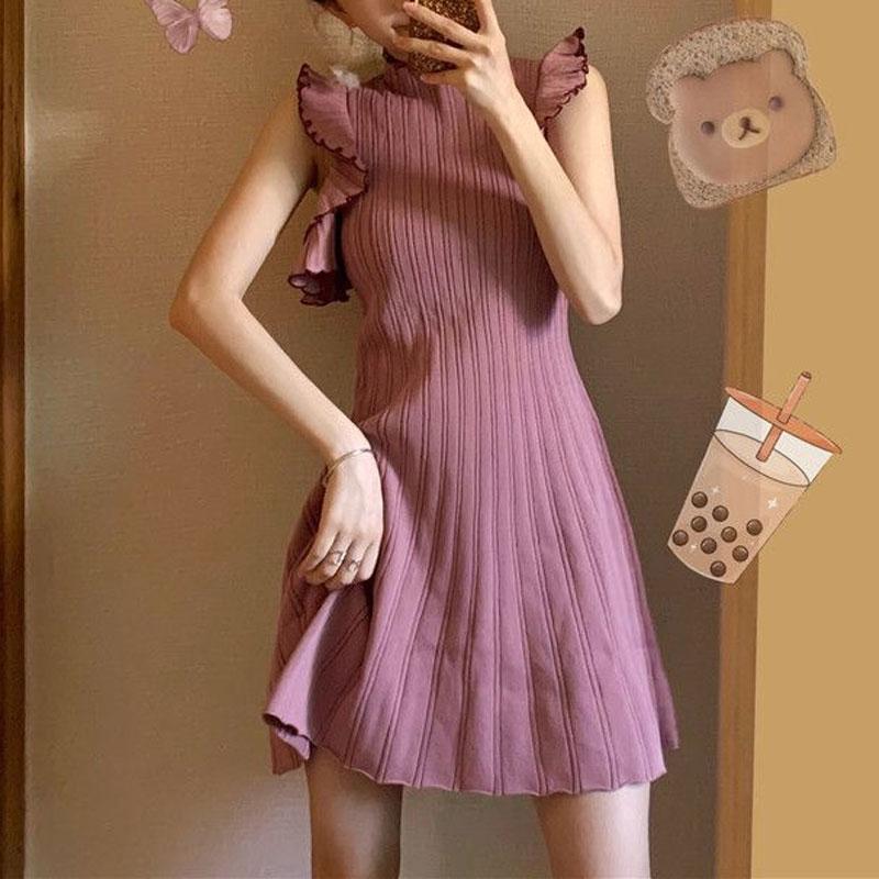 

Стильные платья пэчворк с оборками, женское трикотажное мини-платье А-силуэта без рукавов, летнее тонкое однотонное платье с полувысоким воротником S розовый