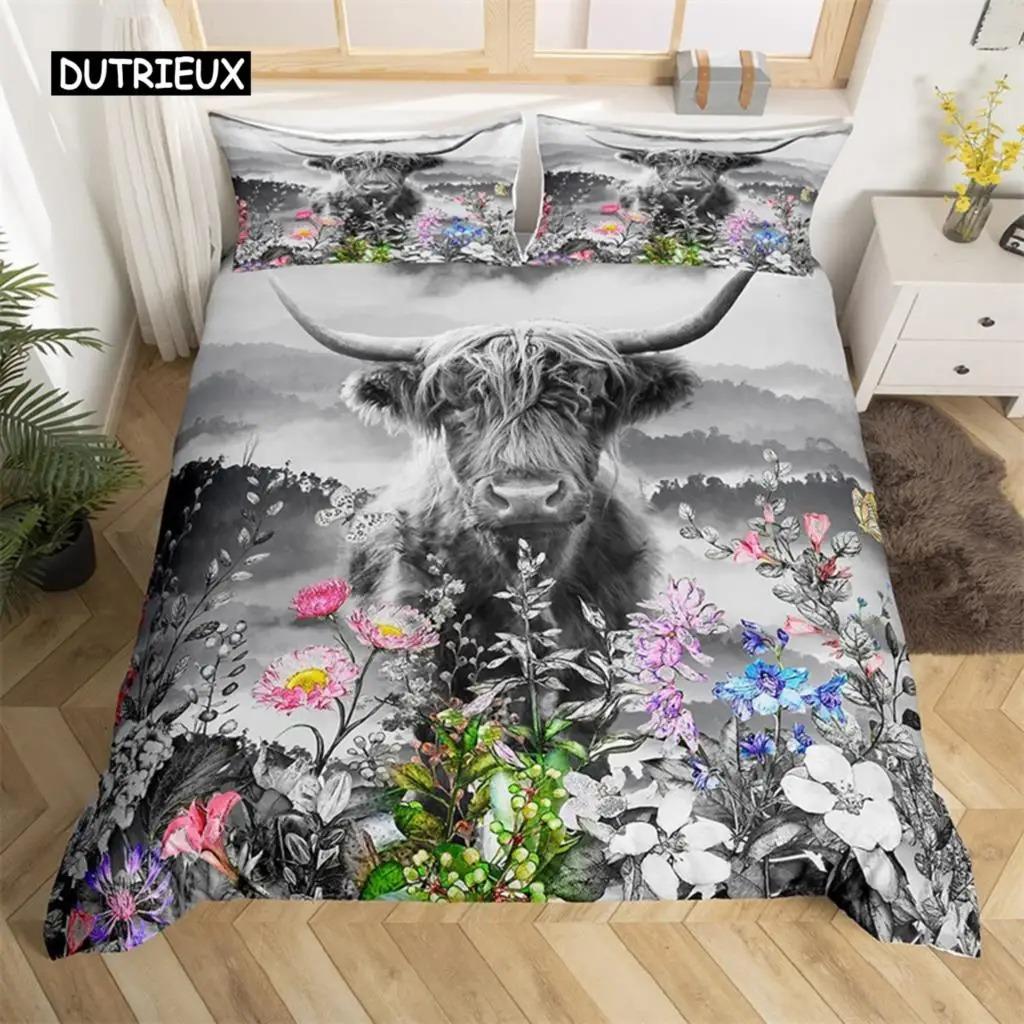 Highland İnek Yatak Takımı Polyester Boğa Sığır Çiçekleri Yorgan Kılıfı Batı Vahşi Hayvan Yorgan Kılıfı Çiftlik Evi İnek Yatak Örtüsü Kılıfı