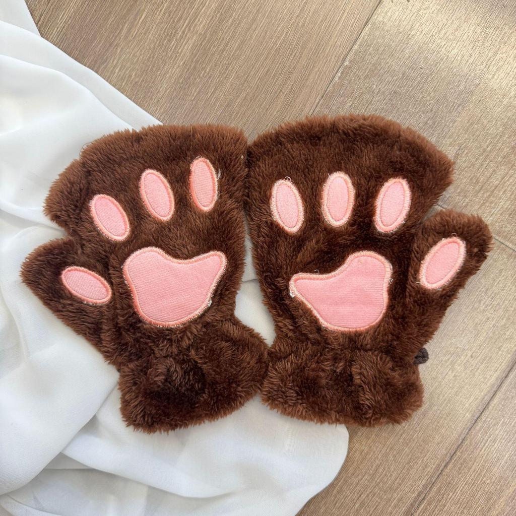 Women's Cute Cat & Bear Paw Fingerless Fleece Gloves