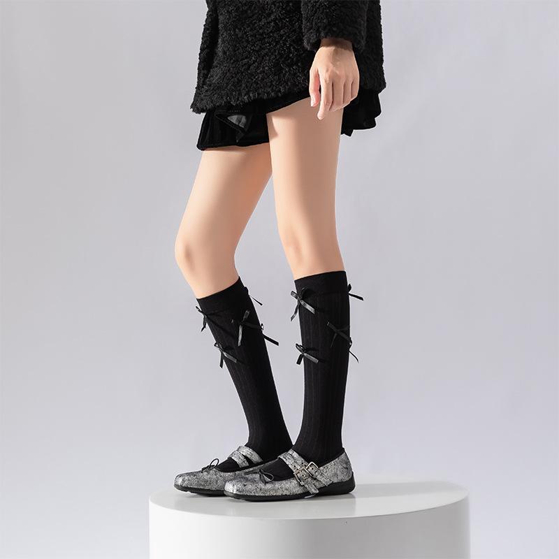Barrel-style Bow Long Calf Socks for Girls, Lolita Pile Sweet School-style Cotton Socks for Young Girls