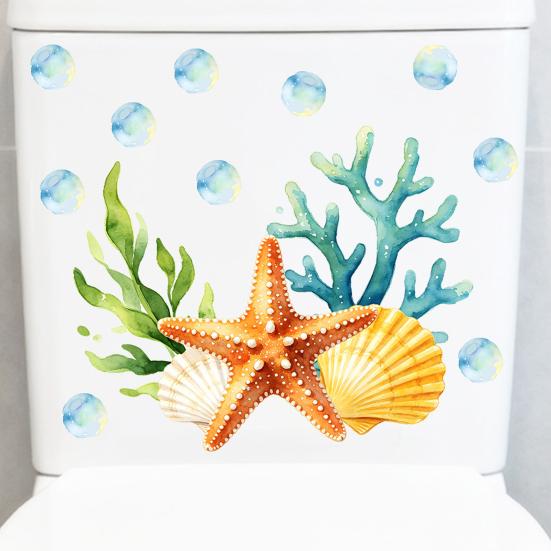 Ocean Shell Starfish Coral Toilet Sticker, Peel And Stick Toilet Lid Tank Seat Decals, Self Adhesive Bathroom Wall Sticker