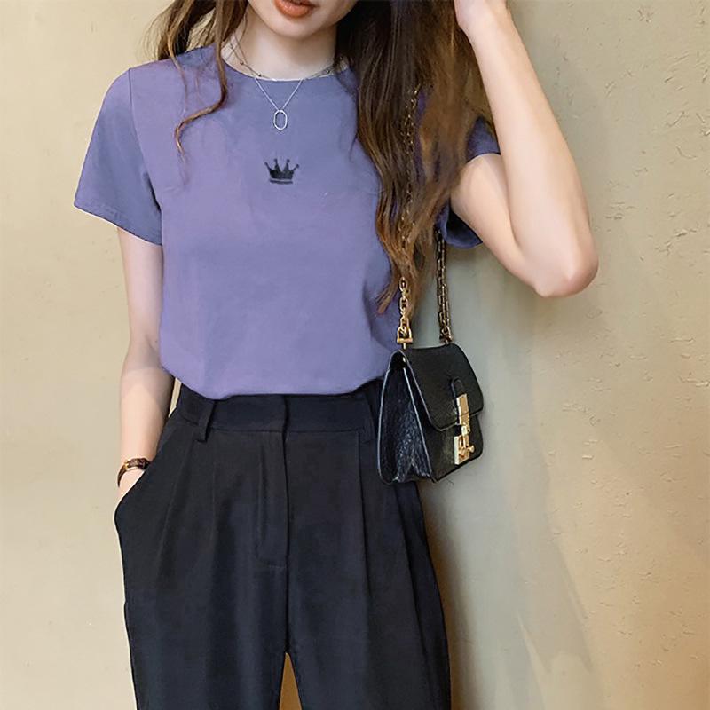 2025 Korean Letter Embroidery Slim Short-Sleeved T-Shirt - Women's Trendy Summer Top