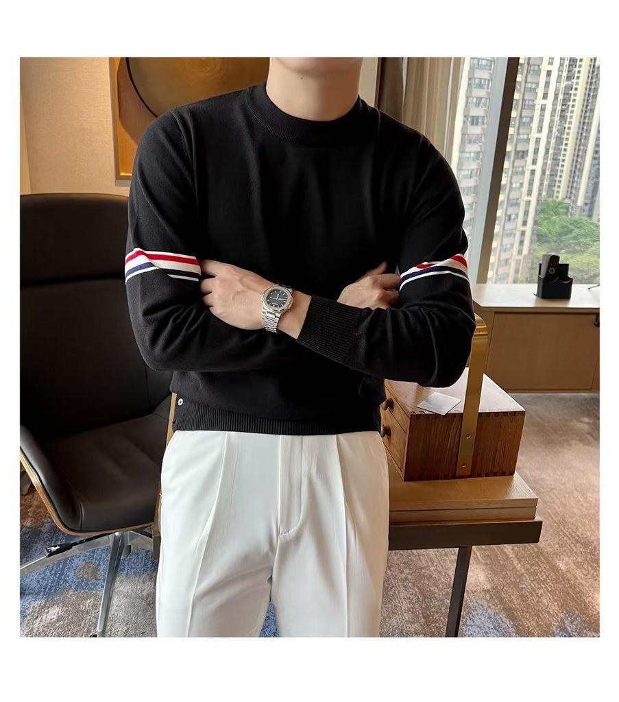 Unisex Striped Contrast Color Pullover Sweater – Round Neck Knit for Spring & Autumn