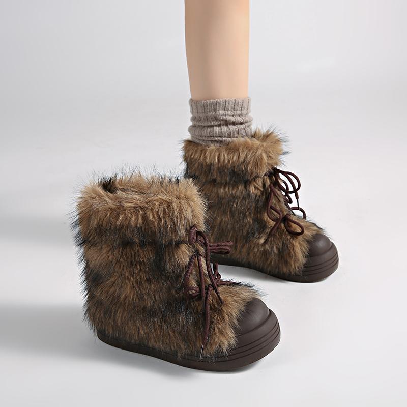 Winter Furry Lace Up Women Snow Boots Concise Height Increase Shoes Female Thick Sole Warm Cotton Short Booties Zapatos De Muje
