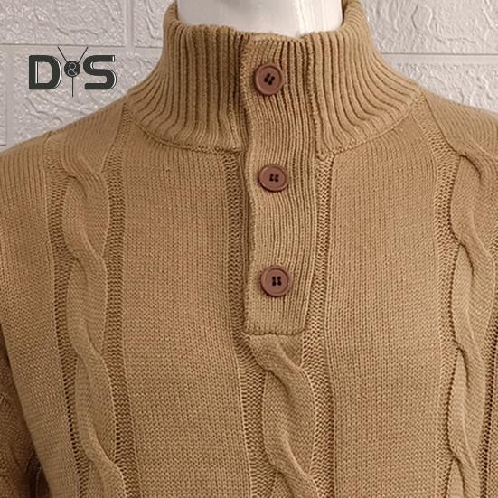 Fall Winter Men Sweater High Collar Neck Protection Buttons Knitted Thickened Pure Color Long Sleeves Pullover English Style Sweater
