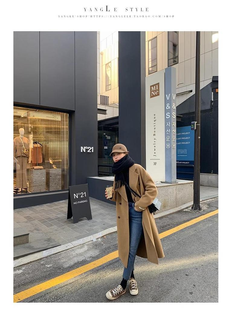Women's Mid-Length Double-Breasted Wool Camel Coat - Autumn/Winter Korean Style Trend