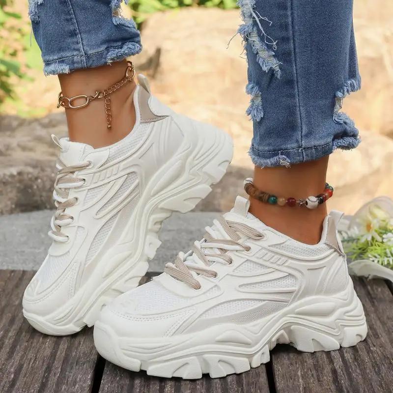 Mode Atmungsaktive Mesh Schnür-Sneakers Damen 2025 Herbst Runde Zehen Dicke Sohle Sneakers Komfort Weiche Sohle Rutschfest Laufschuhe