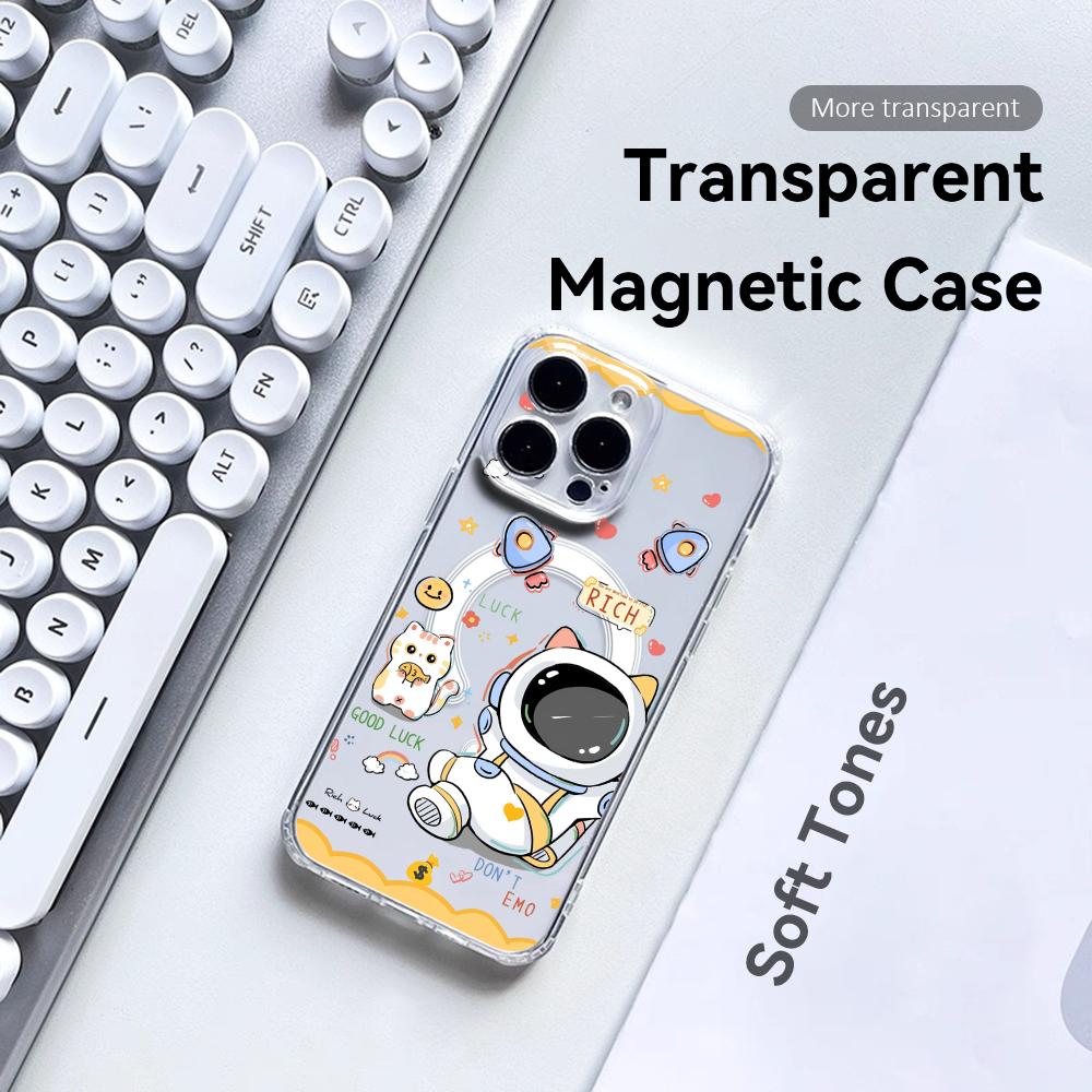 Cute Cartoon Astronaut Phone Case For iPhone 17 16 15 14 13 12 Pro Max Plus With Magnetic Crystal Clear Case Wireless Charge