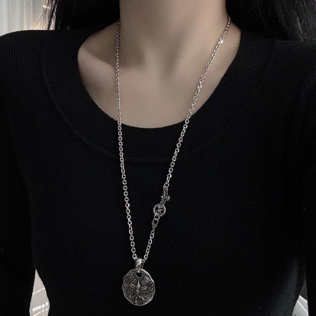 Tai Chi Bagua Silver Coin Pendant Necklace - Layered Auspicious Sweater Chain