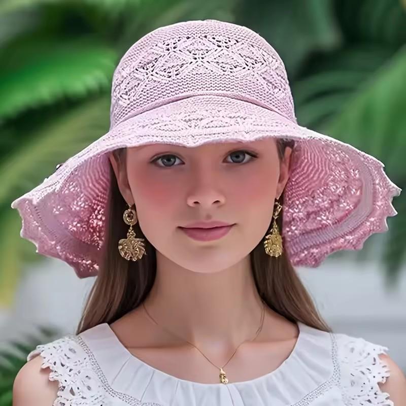 Large Brimmed Straw Hat for Women, Summer Lace Hollow Out Large Brimmed Fisherman Hat, Beach UV Resistant Sun Hat