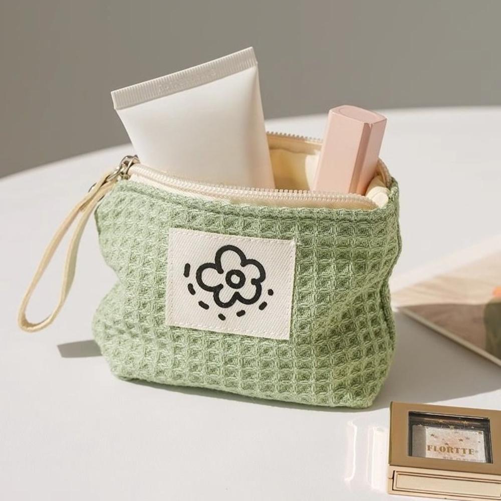 Cute Little Flower Mini Makeup Bag, Fashiable Simple Waffle Pattern Coin Purse, Portable Lipstick Sanitary Napkin Toiletry Bag